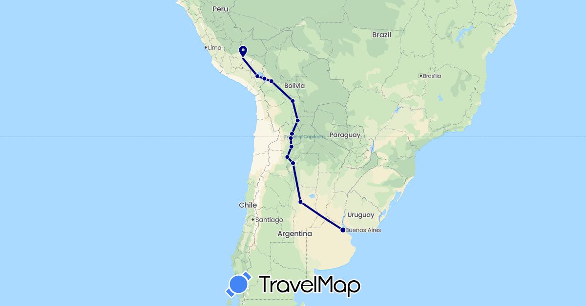 TravelMap itinerary: driving in Argentina, Bolivia, Peru (South America)